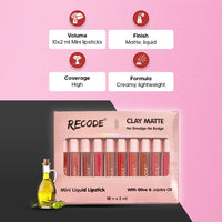 Recode Clay Matte Liquid Lipsticks 2 ML x 10|Long Lasting|Waterproof|Perfect for Gifting,Wedding & Special Occasions|Smudge-proof|Infused with olive & Jojoba Oil|Travel Pack of 10