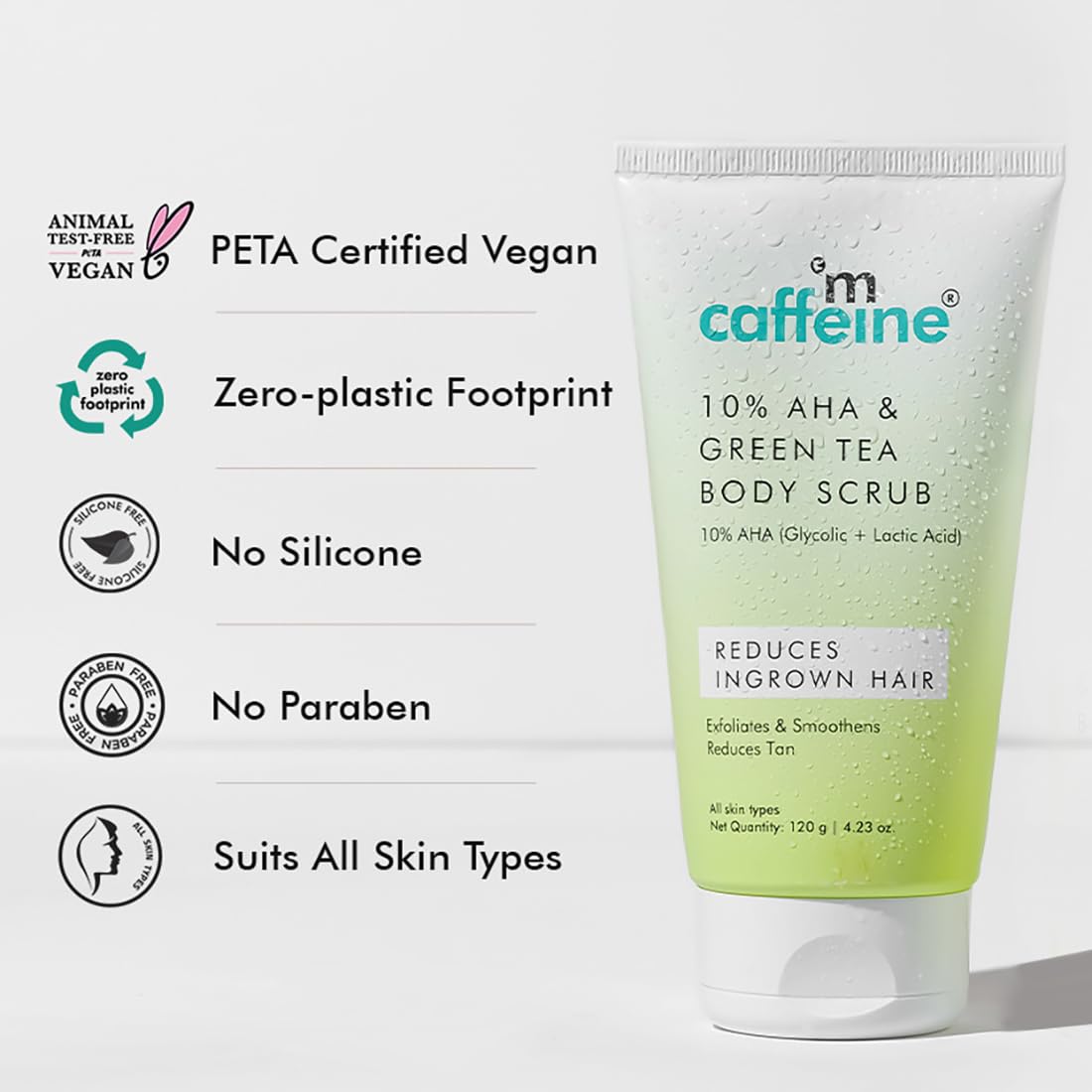 mCaffeine 10% AHA & Green Tea Body Scrub for Tan Removal & Soft-Smooth Skin | For Women & Men | De-Tan Bathing Scrub with Coconut Oil, Removes Dirt & Dead Skin from Neck, Knees, Elbows & Arms