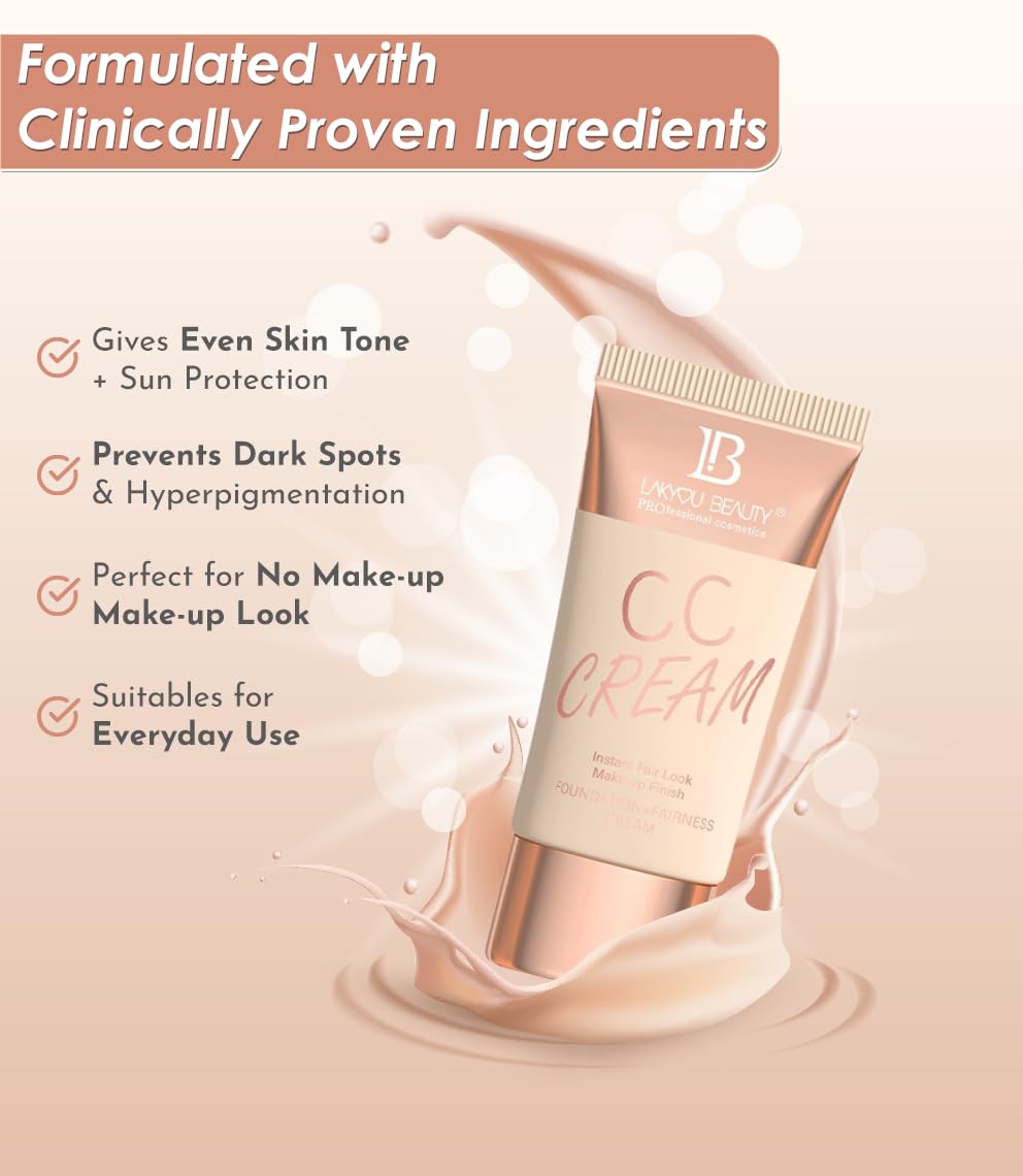 Lakyou Beauty CC Cream | I nstant Fair Look | Makeup Finish | Foundation+Fairness Cream | SPF-15 | Matte Non Oily Feel | Even Skin Tone | Shade-06 (Pure Beige) | 60g