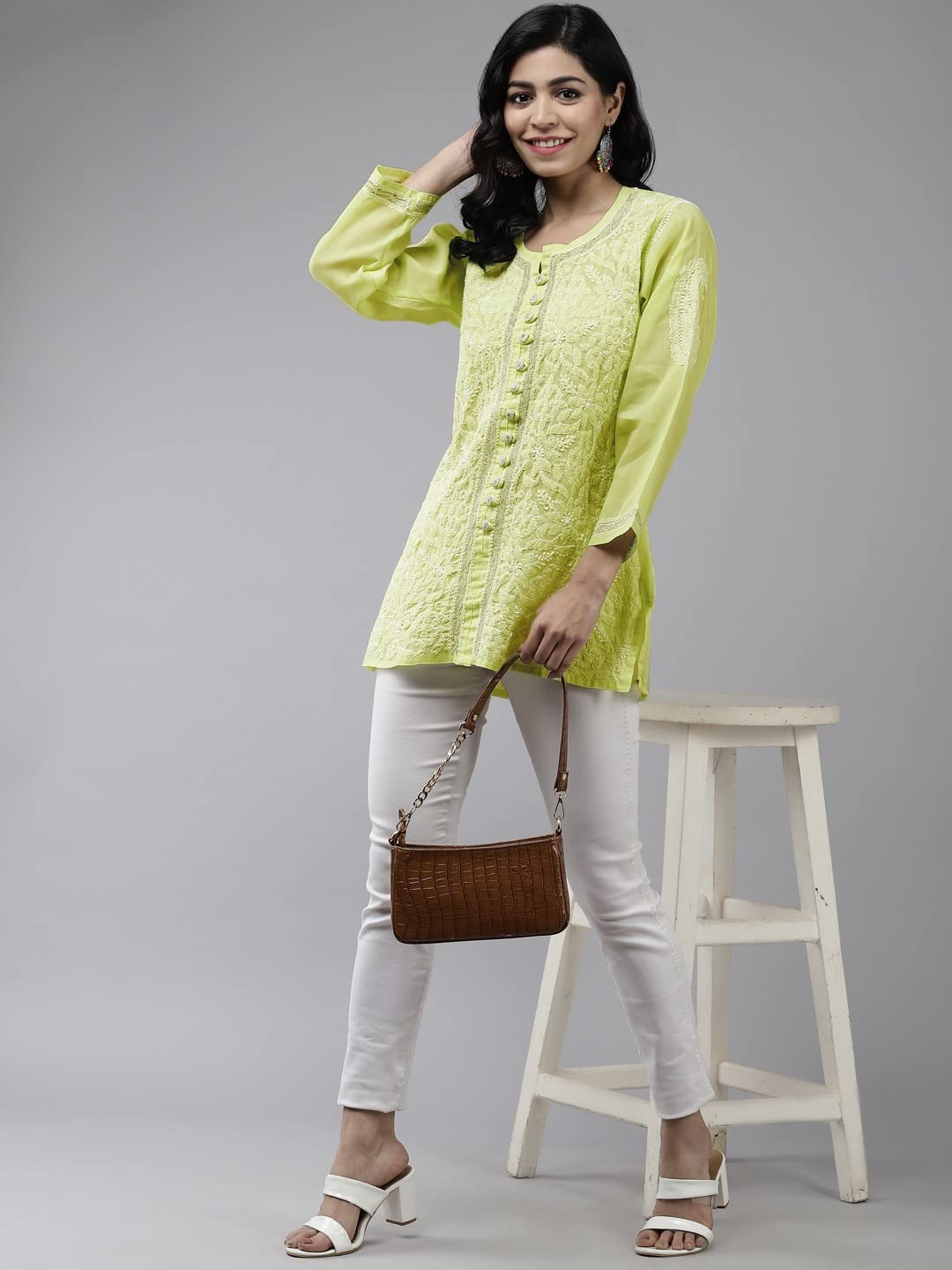 Ada Women's  Hand Embroidered Lucknowi Chikankari Cotton Straight Short Top Kurti A178625