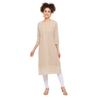 ZOLA Exclusive Georgette Round Neck with Full Sleeves and Calf Length Luckhnowi Chikan Kari Kurta with Button Placket on Yolk Ethnic Wear Straight Kurta for Women Pack of 1