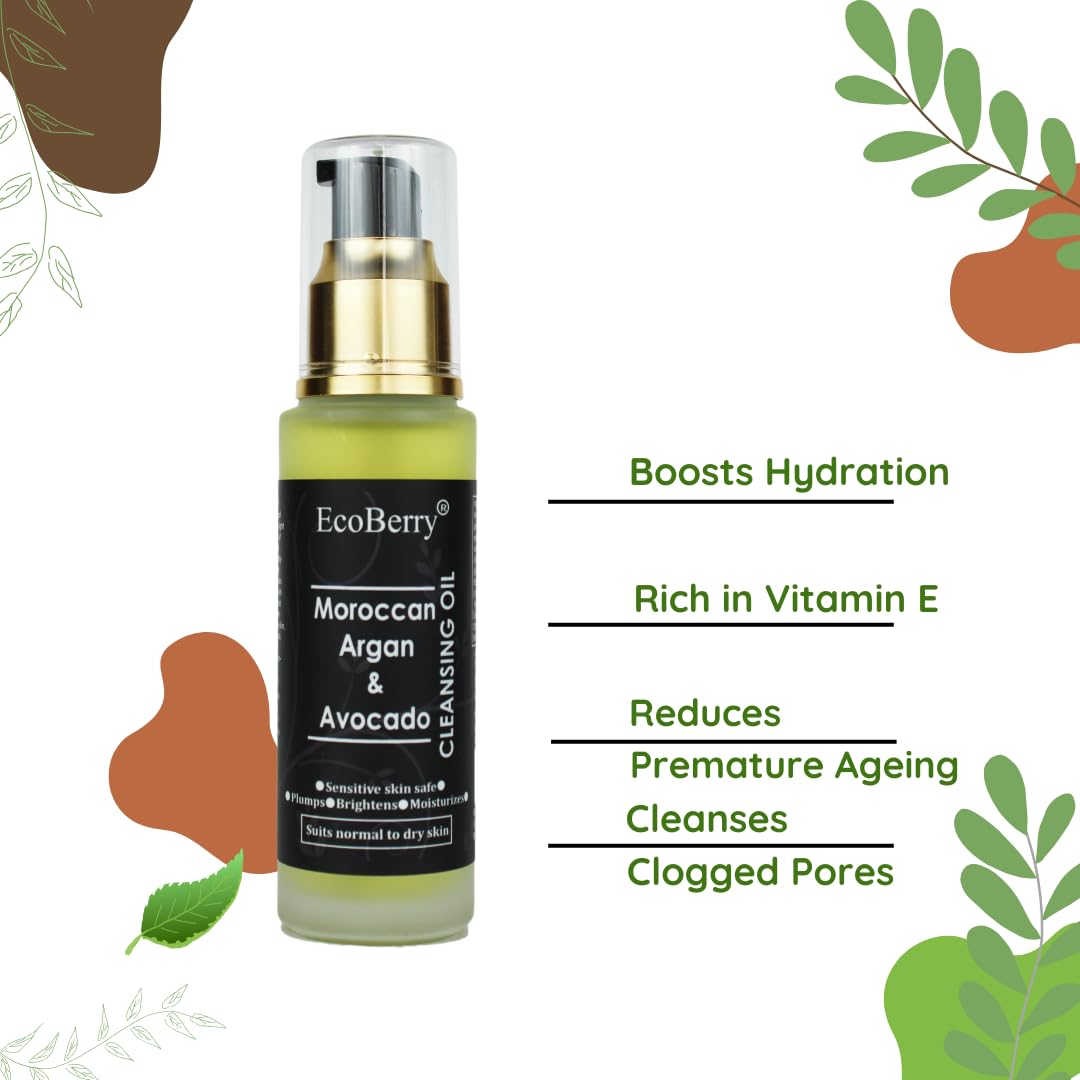 EcoBerry Moroccan Argan & Avocado Cleansing Oil For Oily Skin, Boosts Hydration, Increases Collagen Production, Improves Elasticity, Reduce Wrinkles, Vegan