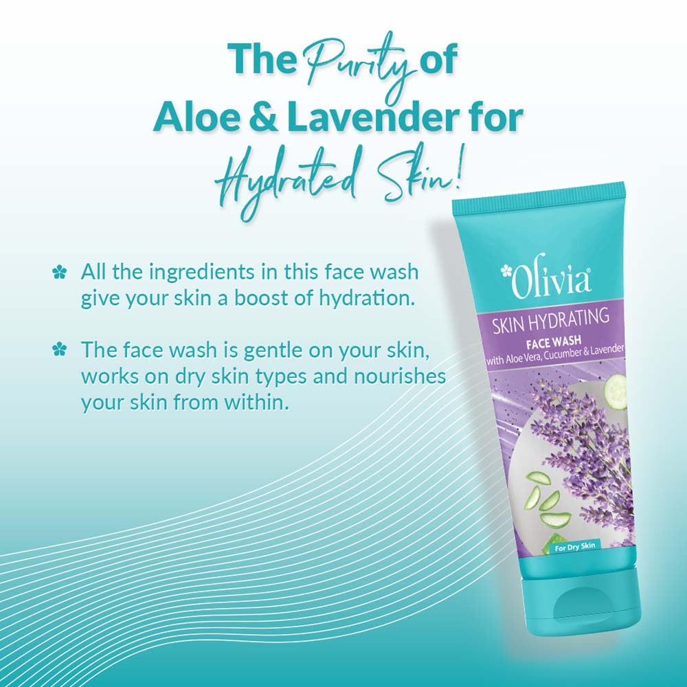 Olivia Hydrating Face Wash With Aloe Vera Cucumber And Lavender | Face Wash For Dry Skin, Normal Skin & Sensitive Skin | Gently Cleanses Skin From Dirt & Oil, Paraben Free - 100Ml