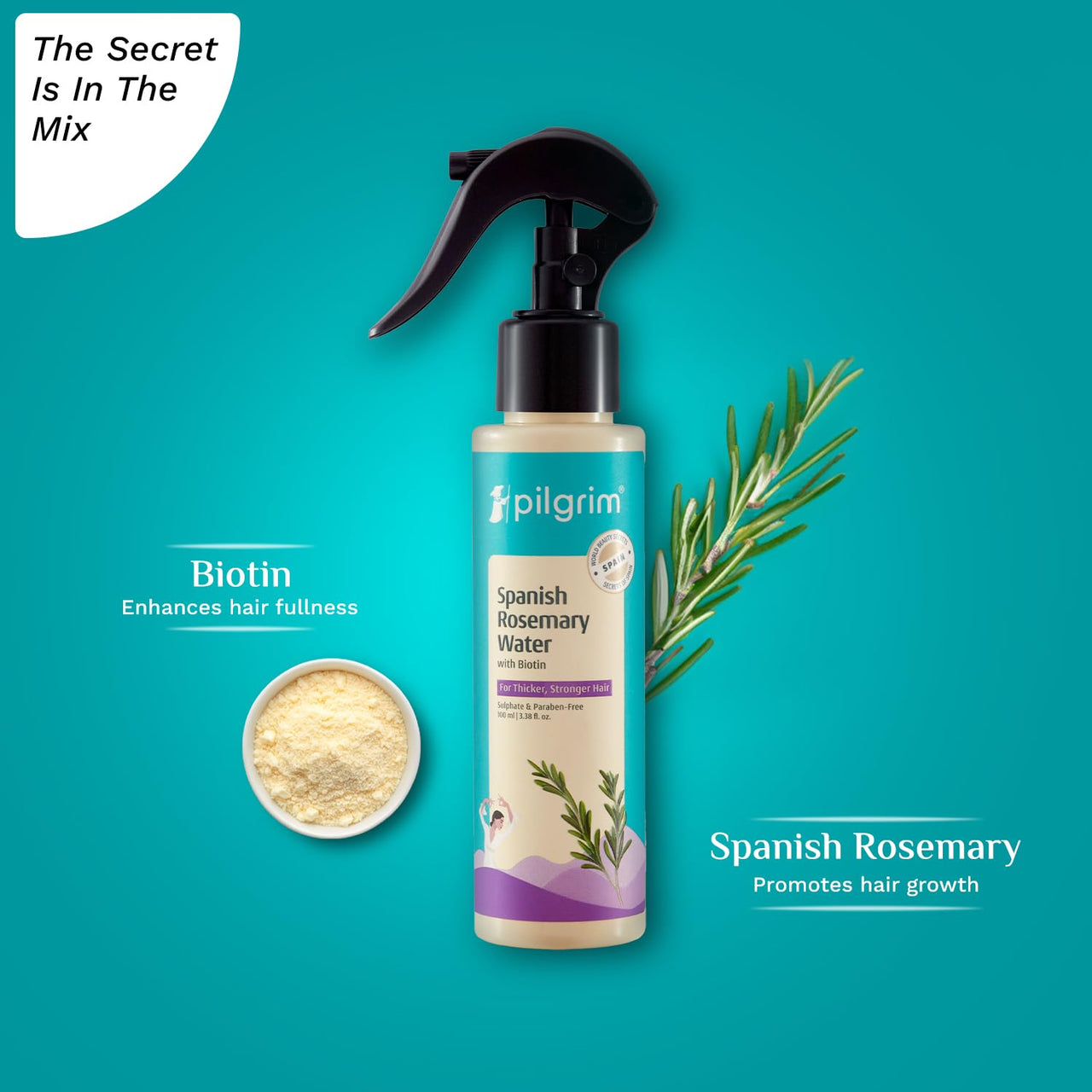 Pilgrim Spanish Rosemary Water Spray With Biotin for Hair Growth 100ml | Hair Spray for Regrowth | Thicker & Stronger Hair | Sulphate & Paraben Free I For Women for Men