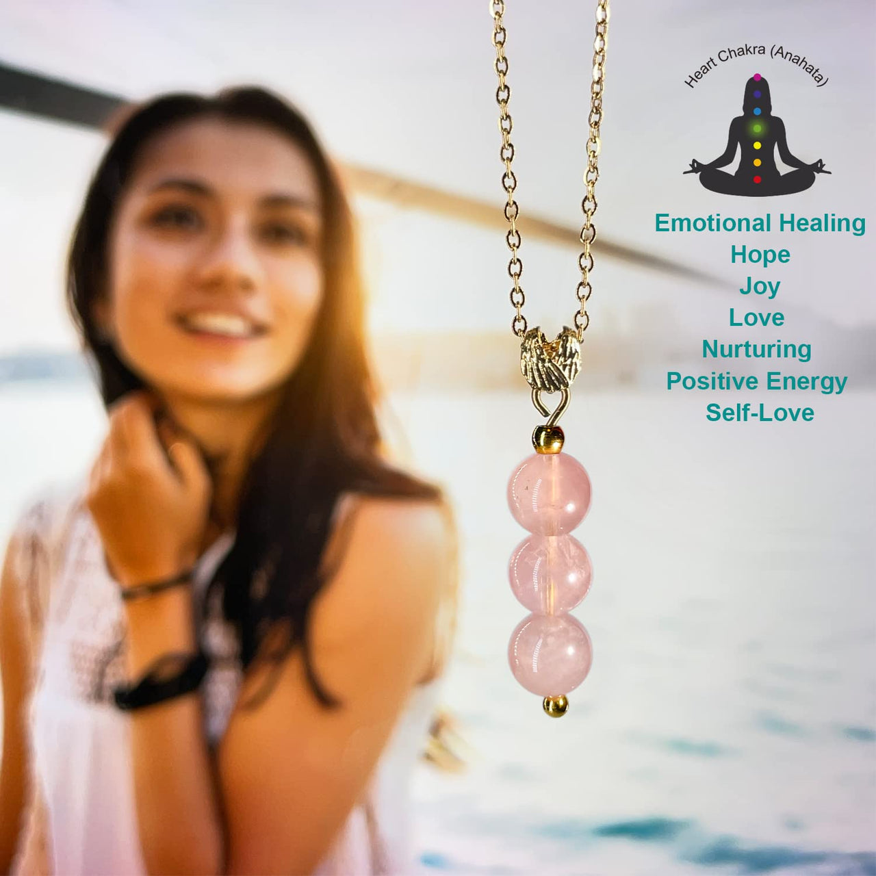 Rose Quartz Crystal Necklace, Gold Necklace for Women, Angel Wing Pendant and Delicate 6MM Ball Beads, Birthstone Gemstone Necklace for Women, February, October Gift of Healing the Mind Necklace Rose Quartz