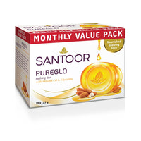 Santoor PureGlo Glycerine Soap with Almond Oil and Glycerine, 125g (Buy 2 Get 1 Free) for Nourished Glowing Skin
