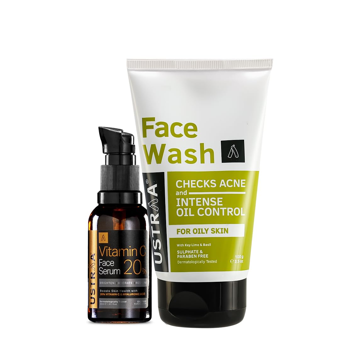 Ustraa Face Wash - Oily Skin - 100g | With Basil & Key Lime - For Acne-Prone Skin | Checks Acne & Blackheads & 20% Vitamin C Face Serum - 30ml | 20% Vitamin C in Pure form | Anti-Aging, Brightening
