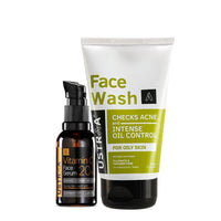 Ustraa Face Wash - Oily Skin - 100g | With Basil & Key Lime - For Acne-Prone Skin | Checks Acne & Blackheads & 20% Vitamin C Face Serum - 30ml | 20% Vitamin C in Pure form | Anti-Aging, Brightening