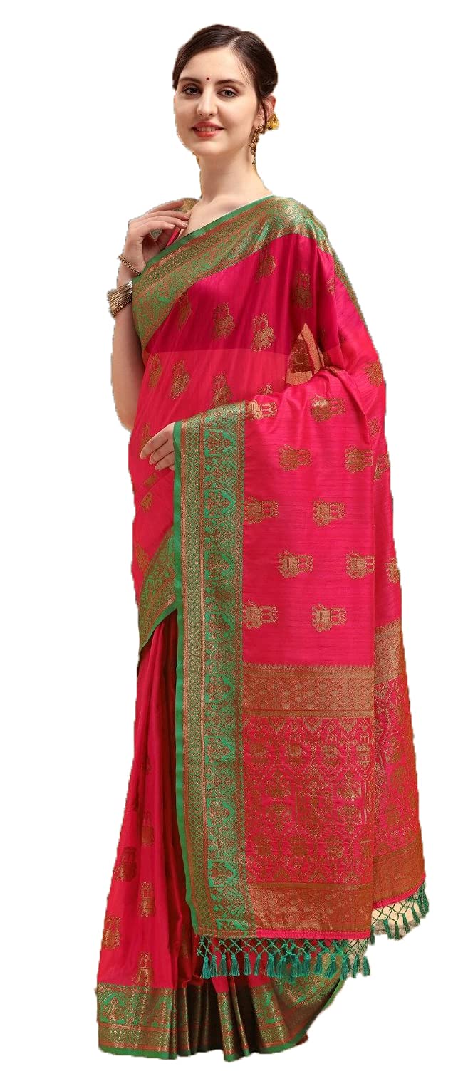 NK Textiles Women's  Elephant Motifs Woven Kanjivaram Ghicha Tussar Silk Saree with Fancy Tassels