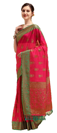 NK Textiles Women's  Elephant Motifs Woven Kanjivaram Ghicha Tussar Silk Saree with Fancy Tassels