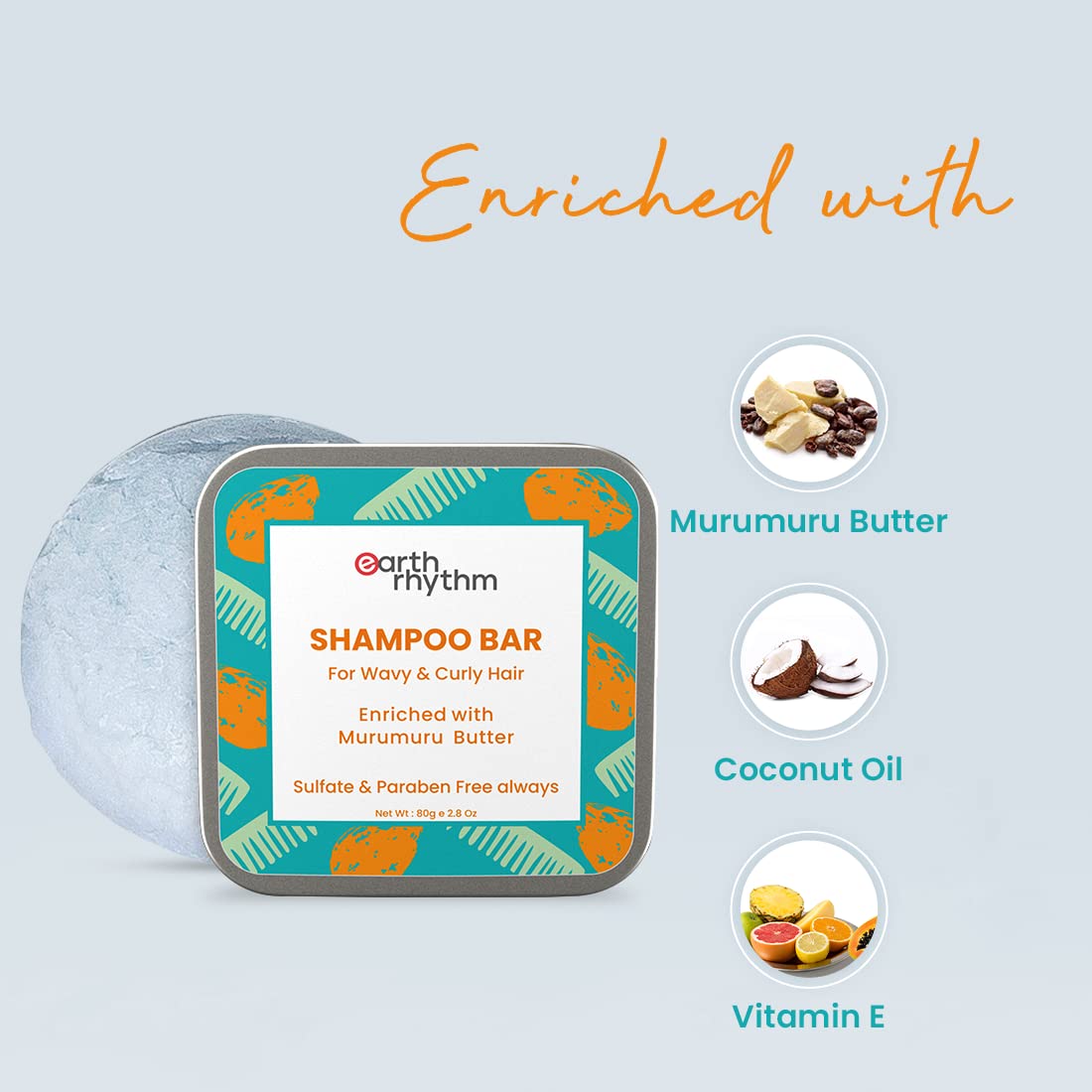 Earth Rhythm Murumuru Butter Shampoo Bar for Curly & Wavy Hair, 100% Biodegradable, Plastic-free Packaging, 80 GM (Pack of 2)