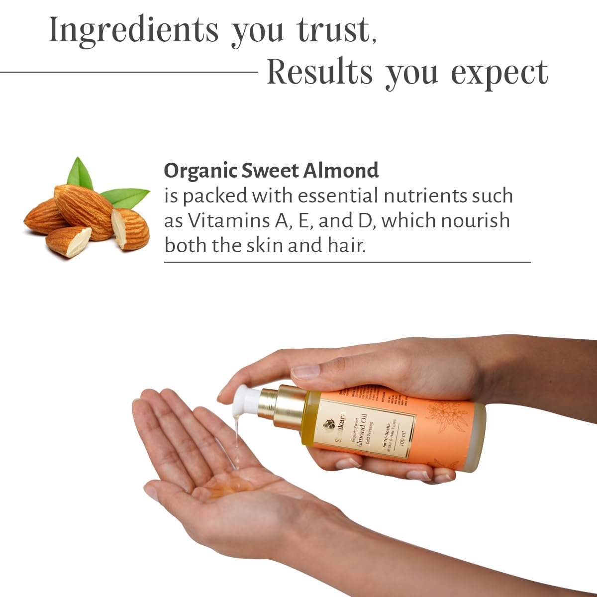 Shankara Organic Sweet Almond Oil, Cold-Pressed, Chemical-Free, Vitamin-Rich Moisturizer for Skin and Hair, Natural Almond Oil for Men and Women, 100ml