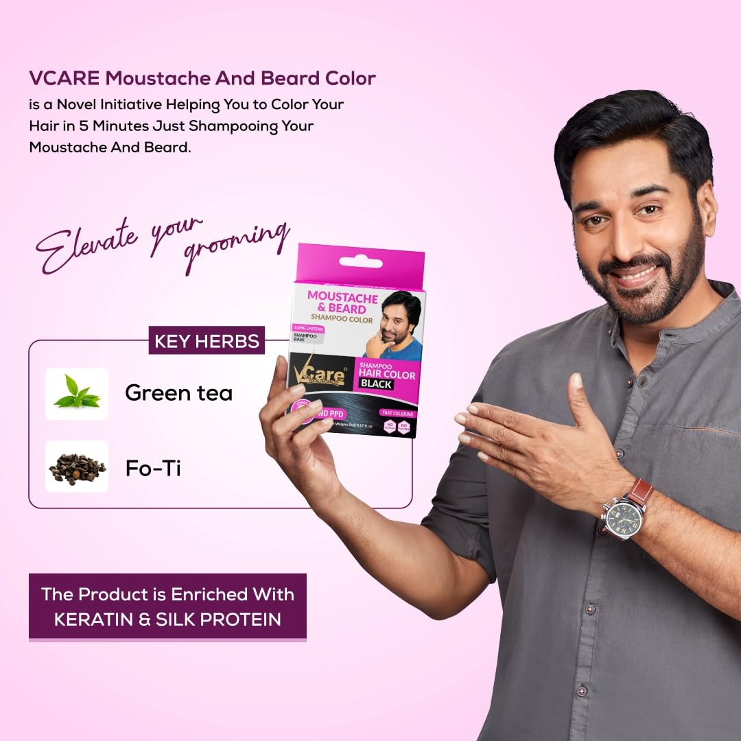 VCare Moustache and Beard color shampoo for Men Black, Natural Hair Color Dye Conditioner | No Ammonia No Paraben No PPD - 5 ml (Pack Of 10)