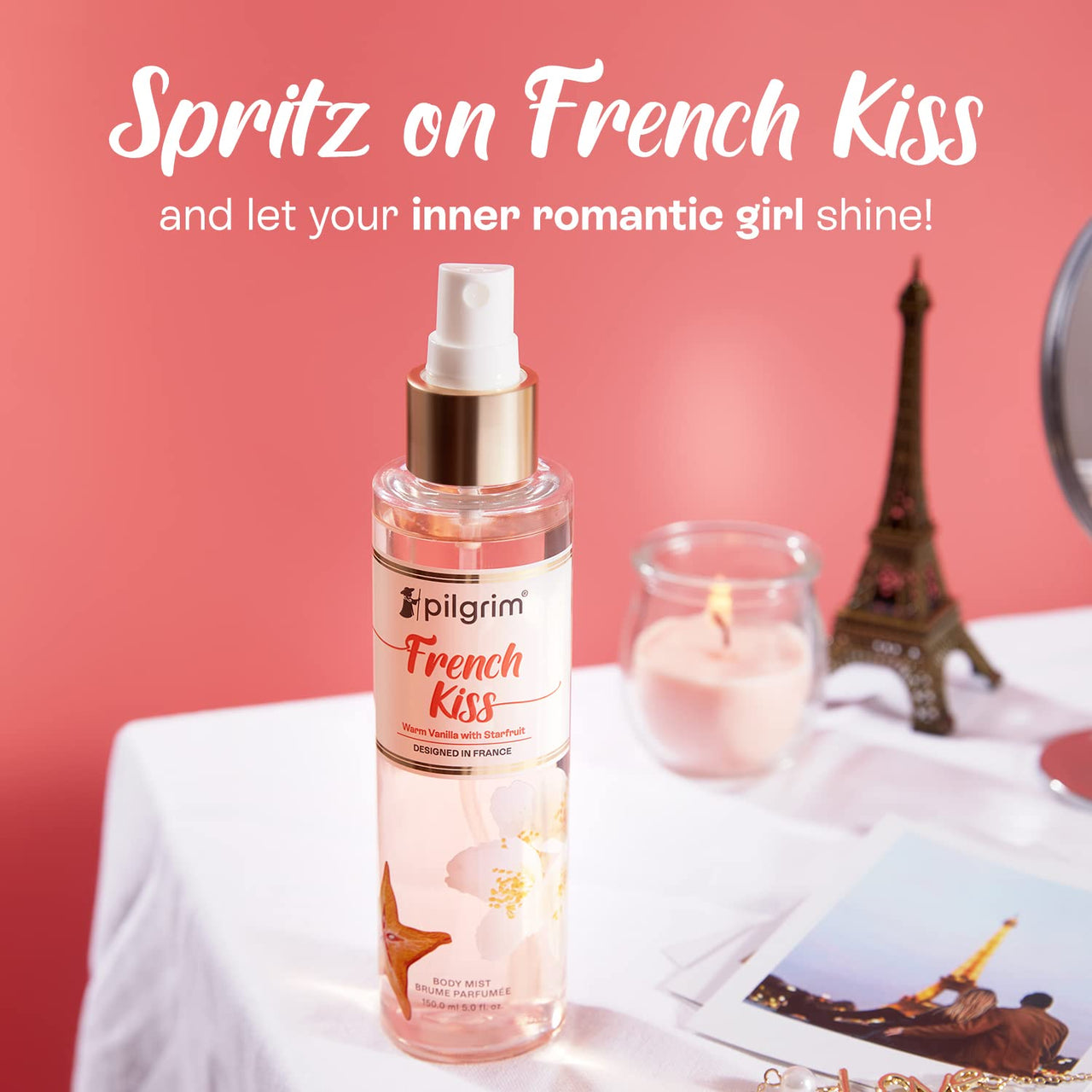Pilgrim French Kiss Body Mist (Vanilla with starfruit)| Vanilla body mist for women long lasting| Sensual fragrance | Body spray| Romance perfume for women| Designed in France| 150 ml