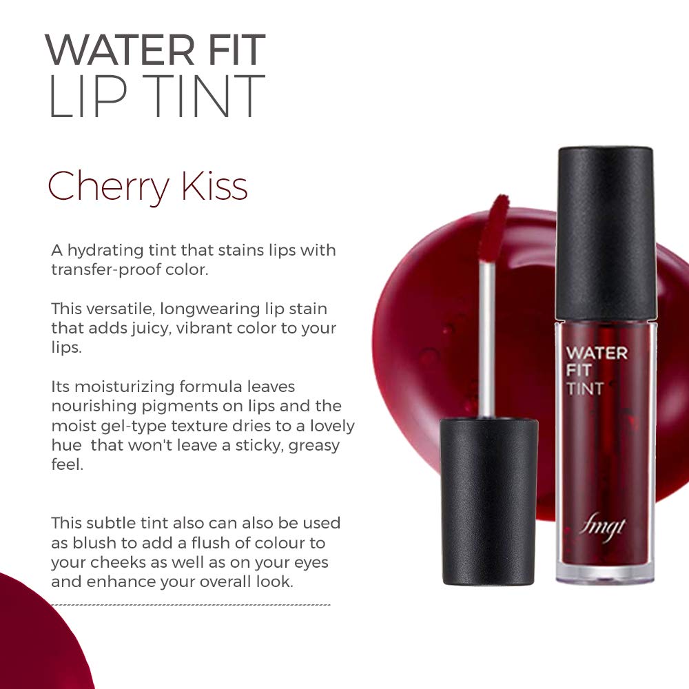 The Face Shop Water Fit Lip Tint Cherry Kiss, 5gm | Multipurpose 3-in-1 Lip Tint | Hydrating, Transfer proof, Long Lasting, Non greasy, Matte Finish