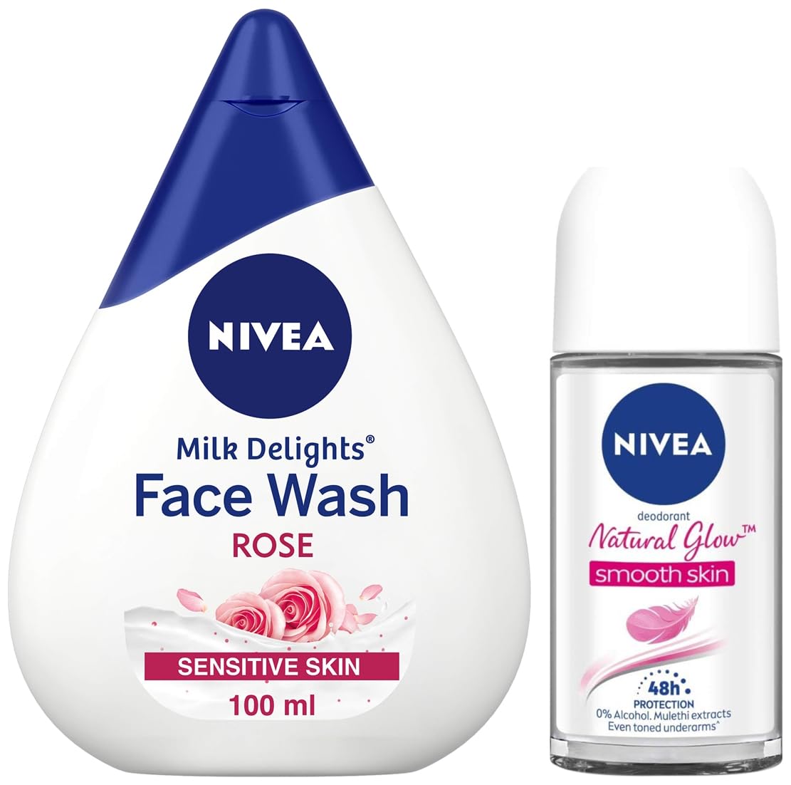 Nivea Deodorant Roll-On, Whitening Smooth Skin for Women, 50ml And Face Wash, Milk Delights Caring Rosewater, Sensitive Skin for Women, 100ml