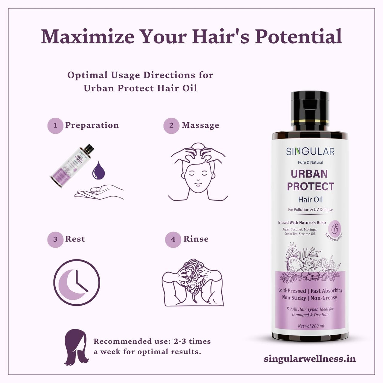 Singular Urban Protect Hair Oil for Pollution and UV Defense | Pure & Natural Cold Pressed Oil Infused with Nature's Best Argan, Coconut, Moringa, Green Tea, Sesame Oil with Vitamin E | Ideal for Damaged and Dry Hair | 400 ml