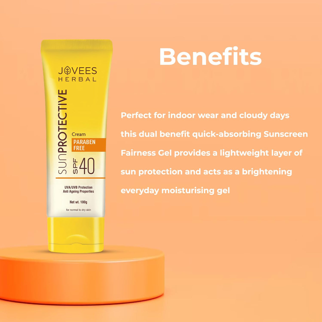 Jovees Herbal Sun Protective Sunscreen SPF 40 | Lightweight, Quick Absorbing and Oil Free - UVA/UVB Protection | Normal to Dry Skin Type | Paraben & Alcohol Free 100g (Pack of 2)