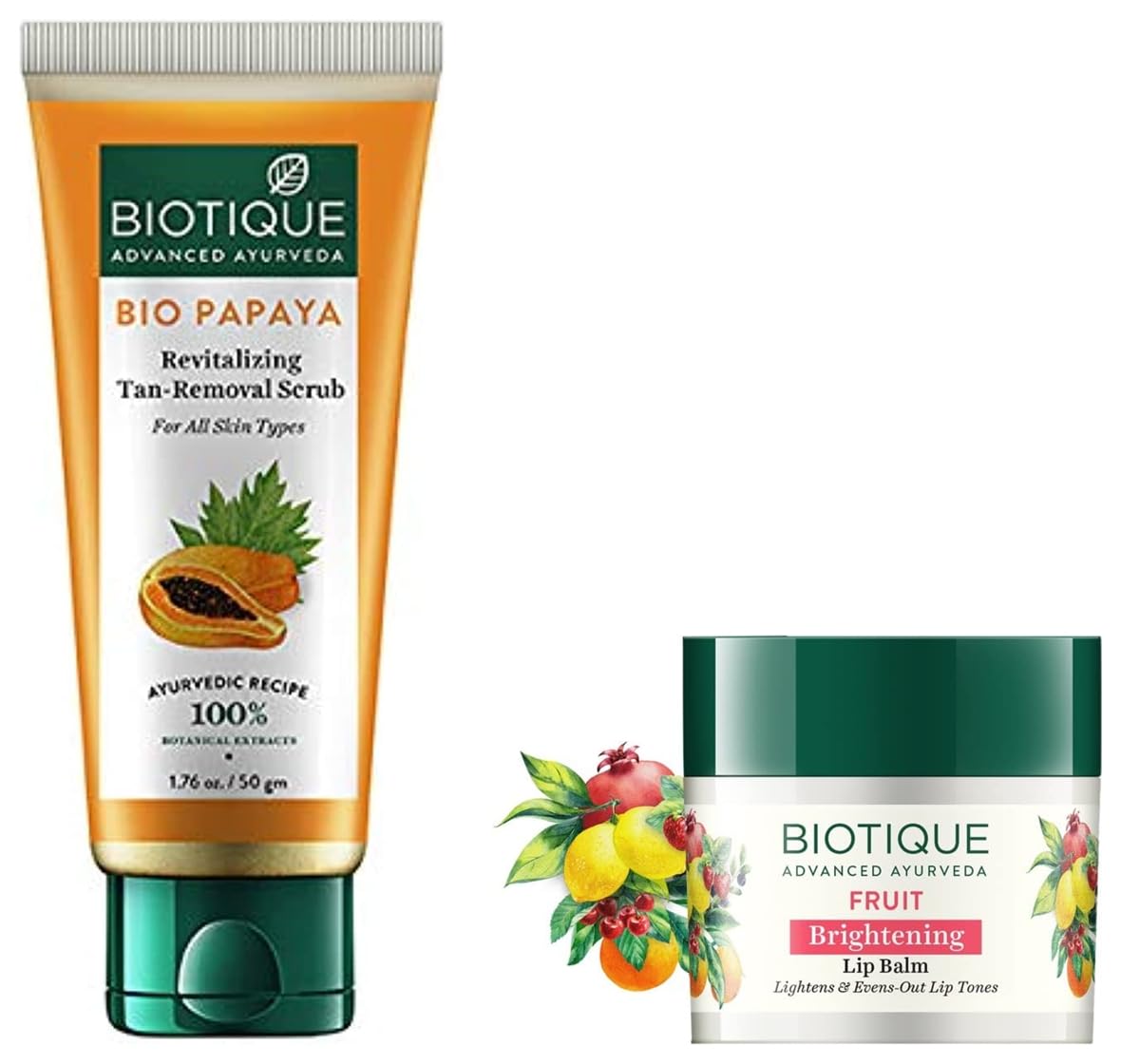 Biotique Bio Fruit Whitening Lip Balm, 12G And Biotique Bio Papaya Revitalizing Tan Removal Scrub, 50G