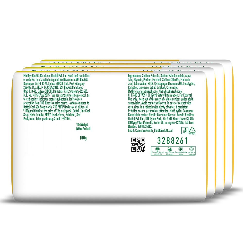 Dettol Lime Cool Bathing Soap Bar with 2x Menthol (400gm) | Long Lasting Freshness, 100gm Pack of 4