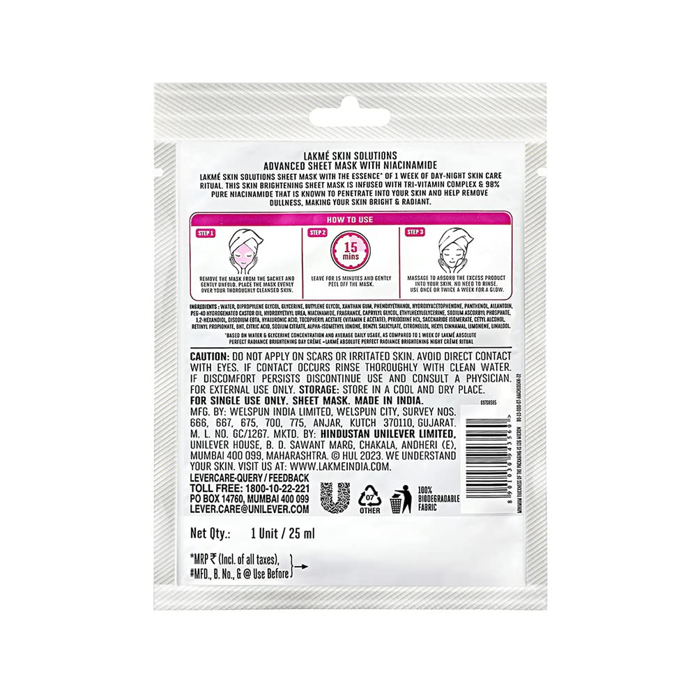Lakmé Skin Solutions Sheet Mask Brightening With Niacinamide 25Ml, Pack Of 1