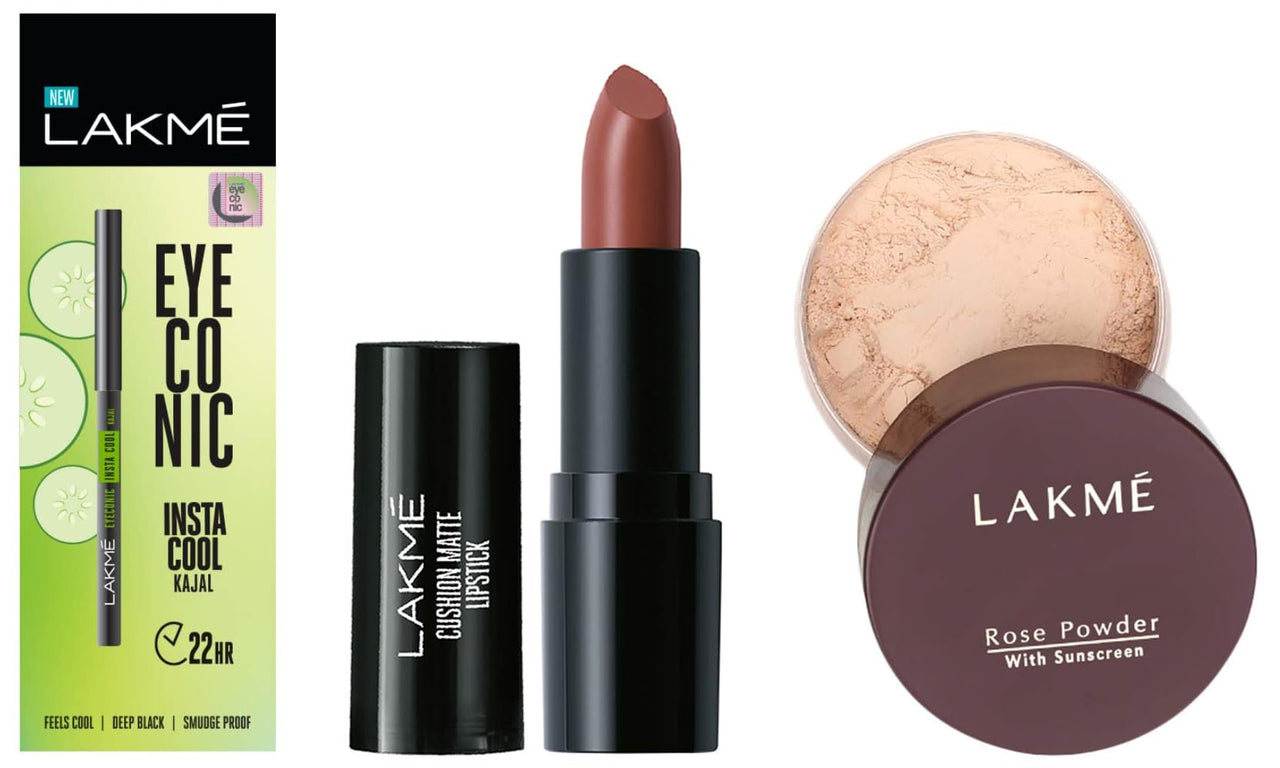 Lakmé Cushion Matte Lipstick & Eyeconic Insta Cool Kajal, Black & Lakmé Rose Loose Face Powder, Matte Finish, 40G