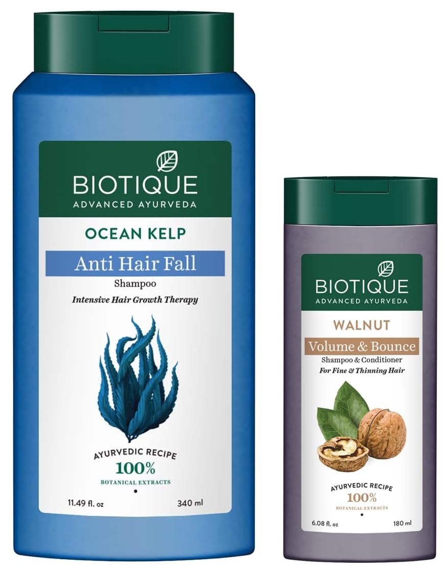 Biotique Bio Kelp Protein Shampoo for Falling Hair Intensive Hair Regrowth Treatment, 340ml & Biotique Bio Walnut Bark Volumizing Shampoo for Fine & Thinning Hair, 180 ml