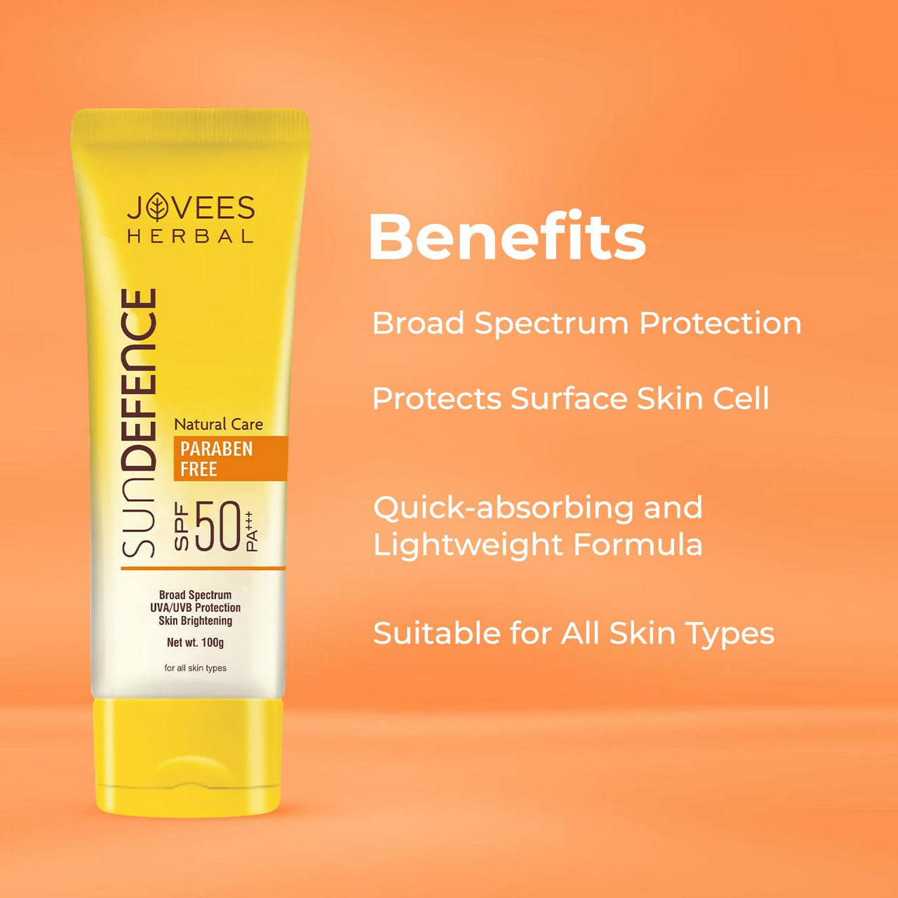 Jovees Herbal Sun Defence Cream SPF 50 PA+++ Broad Spectrum For All Skin | Protection From UVA/UVB & Sun Damaged | Lightweight, Non Greasy & Quick Absorption 100g