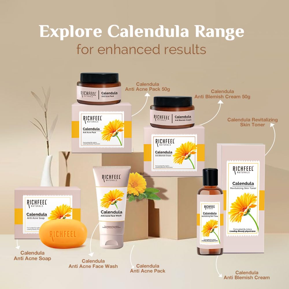 Richfeel Calendula Anti Acne Brightening Soap | Bathing Soaps | Bath Soap for Men & Women | Soaps for Bath | TFM Grade 1 Soap | For Oily Skin | Fades Dark Spots | - 75Gm X 4 (B3G1) Pack of 4
