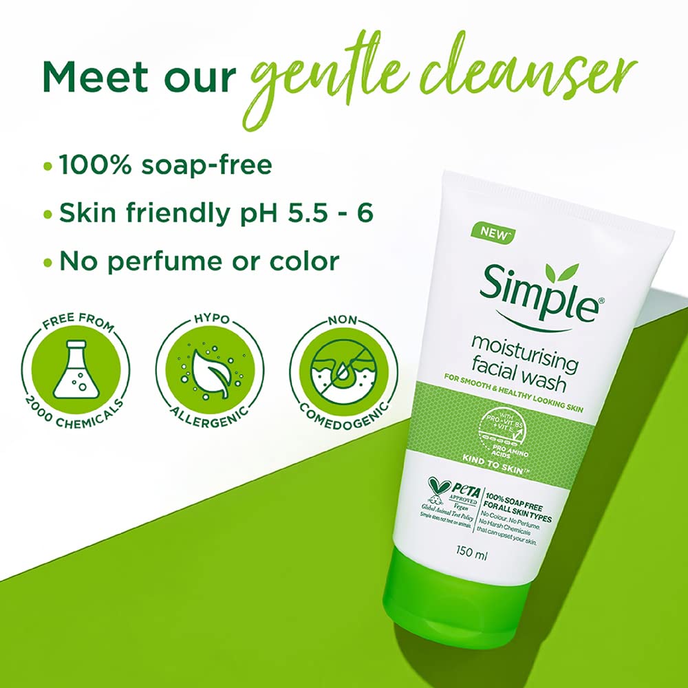 Simple Kind To Skin Moisturising Facial Wash 150 ml for normal to dry skin | 100% soap-free gentle cleanser for women & men
