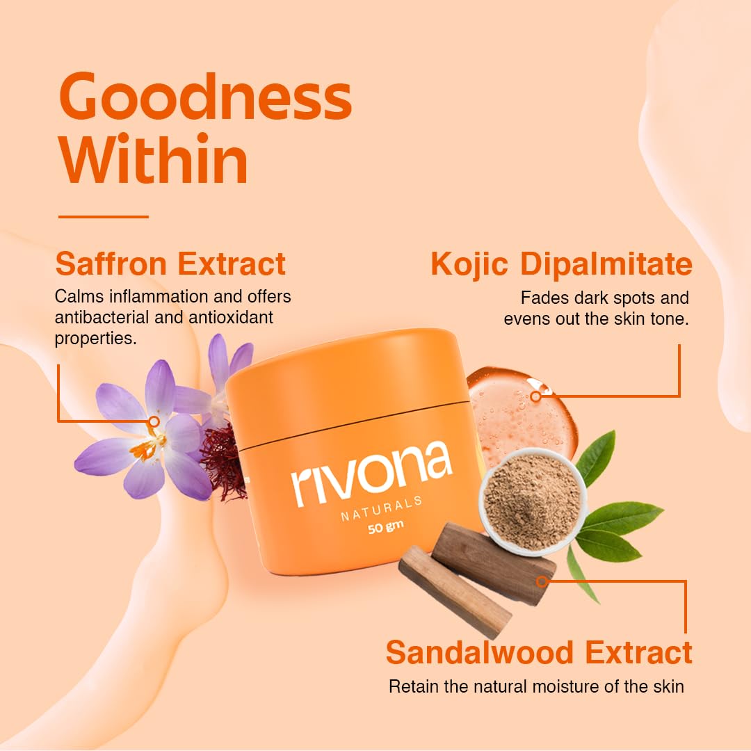 Rivona Naturals Honey & Saffron Face Cream | Brightening face cream with niacinamide and kojic | Glowing and Nourishing Skin | For Men,Women |Vegan,Dermatologically | 50 gm