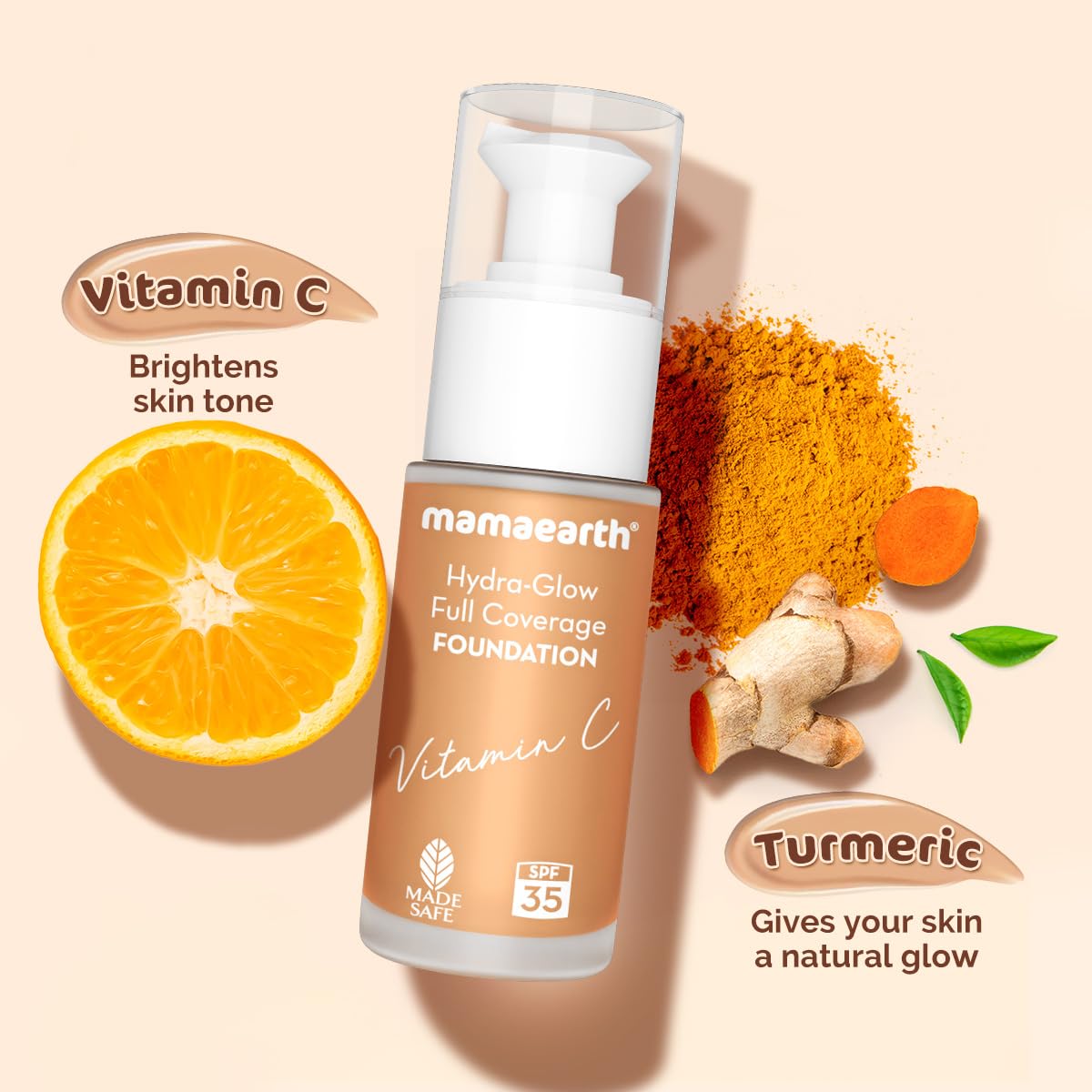 Mamaearth Hydra-Glow Full Coverage Dewy Finish Liquid Foundation With Vitamin C & Turmeric- 30 Ml|Full Coverage|Gives 3X Instant Glow|12-Hour Long Stay & Hydration|Spf 35|Non-Drying (04 Sun Glow)