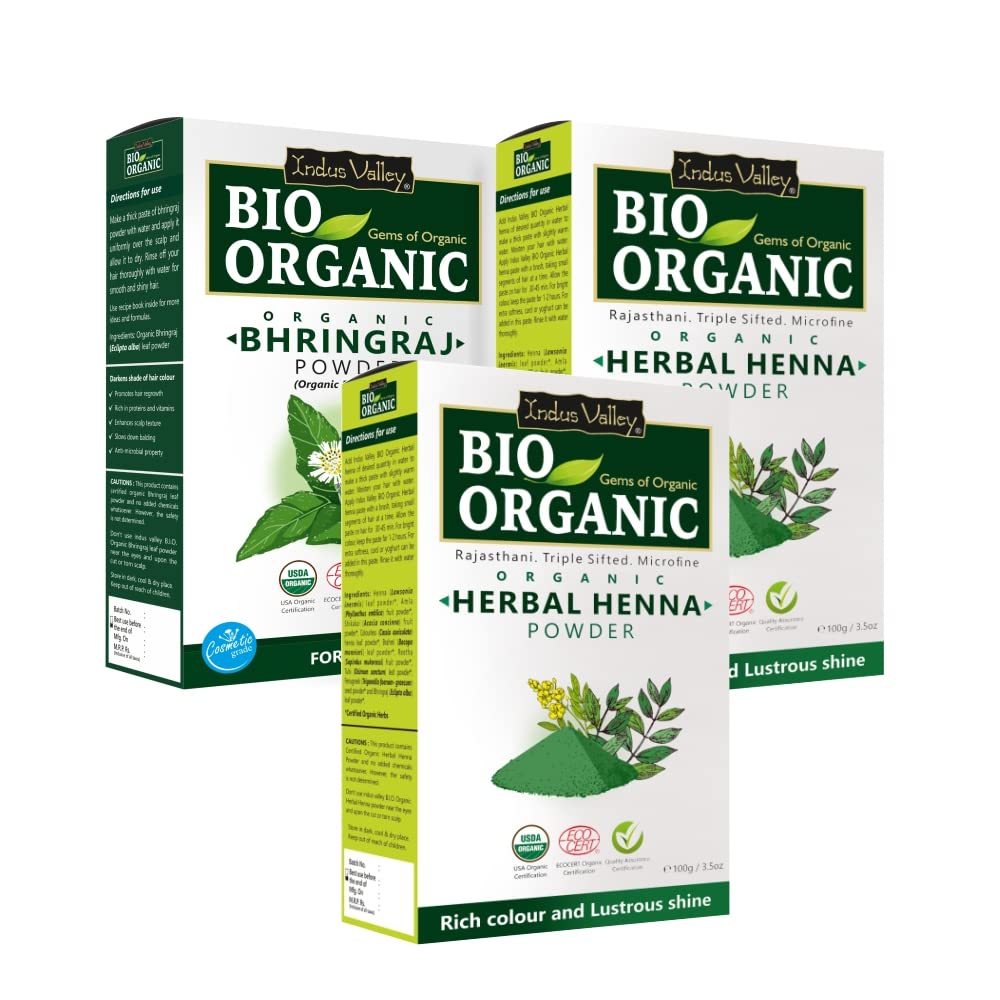 INDUS VALLEY Bio Organic Natural And Pure Bhringraj Powder | Eclipta alba with Herbal Henna Powder Set of 2 for Hair Care - (100g*3 =300g)