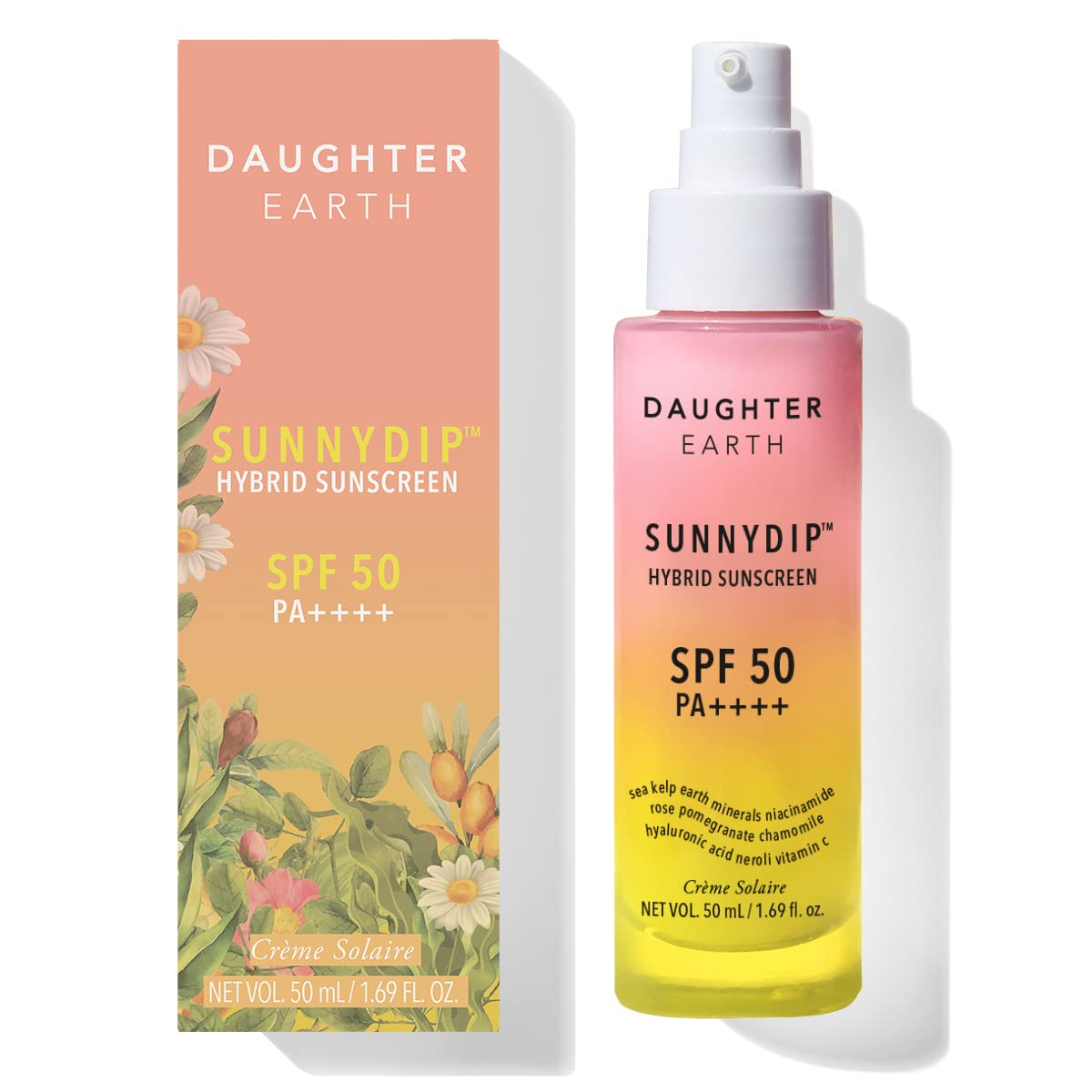 DAUGHTER EARTH Sunnydip Hybrid Sunscreen SPF 50 PA++++ | No White Cast, Hydrating Broad Spectrum, Very High Protection With Vitamin C & Sea Kelp | Lightweight, Non-Greasy For All Skin Types - 50ml