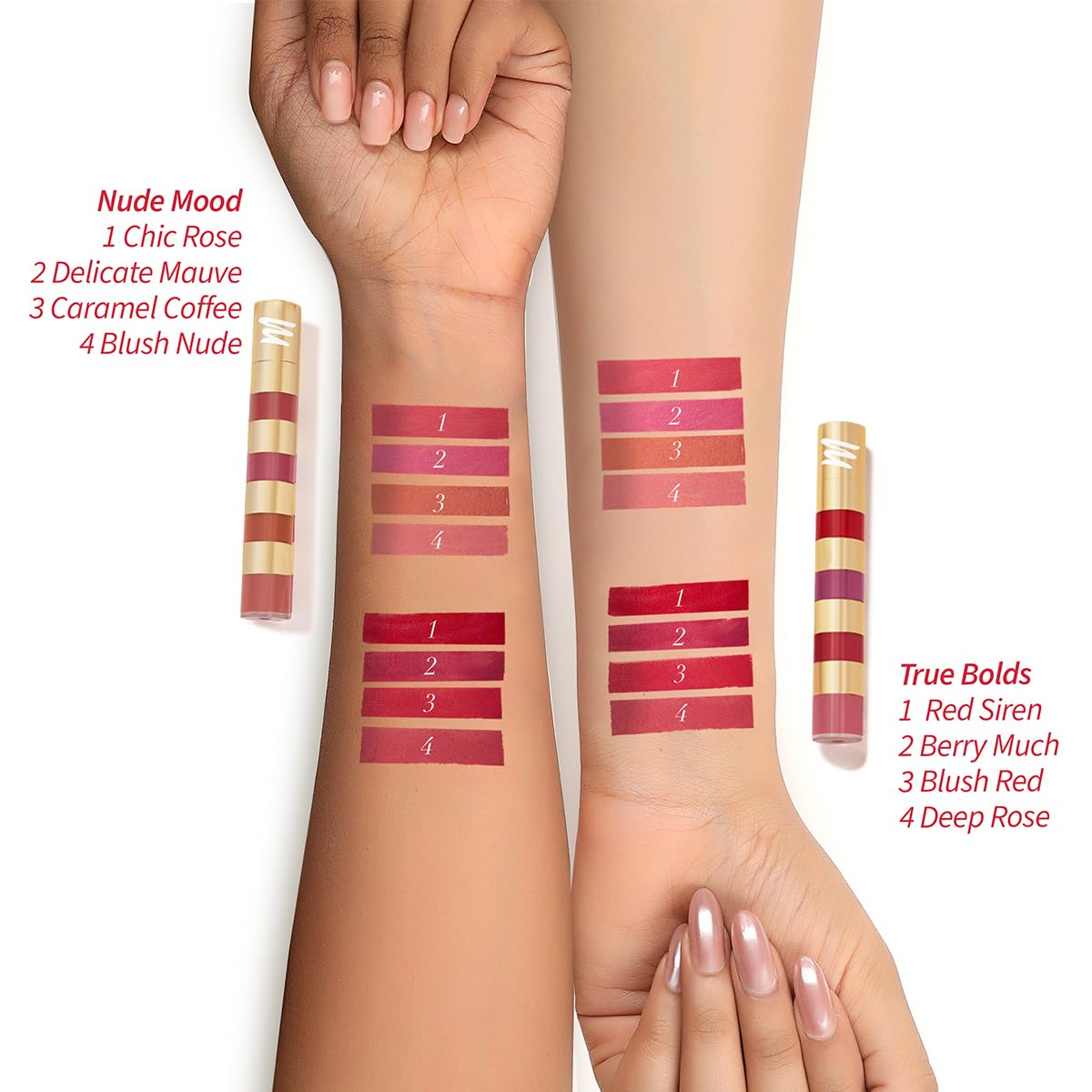 MyGlamm Super 4 Liquid Lipstick Stack - Nude Mood (Rose + Mauve + Brown + Pink) | Lipstick Combo Of 4 | Non Transfer, Smudge Proof 4 in 1 Velvet Matte Lipstick (4.8ml)