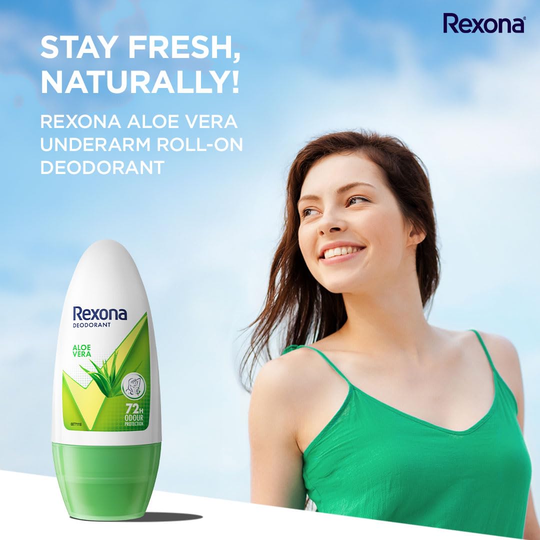 Rexona Aloe Vera Underarm Roll On Deodorant For Women, Antiperspirant, Removes Odour, Keeps Skin Fresh & Clean, Alcohol Free, Skin Friendly, 50 ml (Pack of 2)