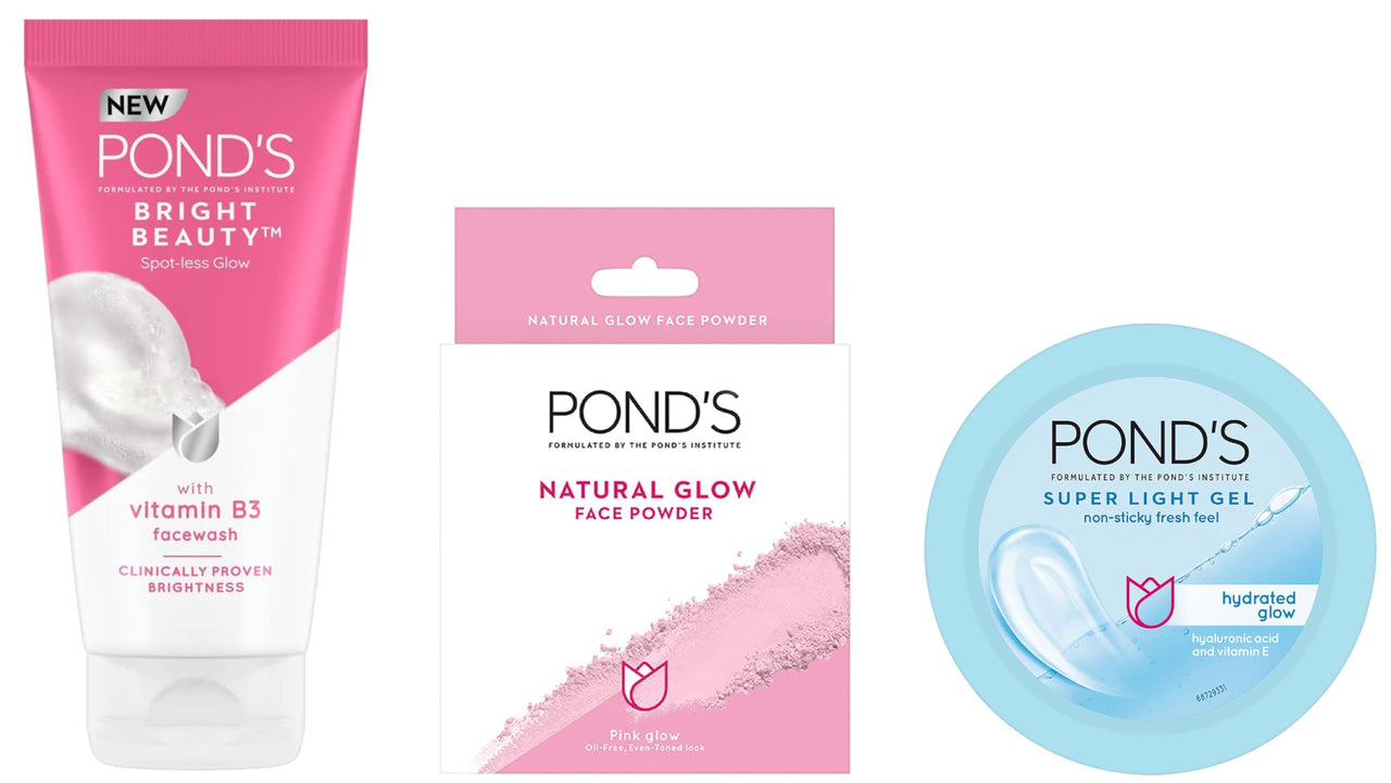 POND's Super Light Gel Oil Free Face Moisturizer 100g & Pond's  Natural Glow Face Powder, Pink Glow - 30G & Ponds Bright Beauty Spotless Glow Facewash with Vitamin B3 150g