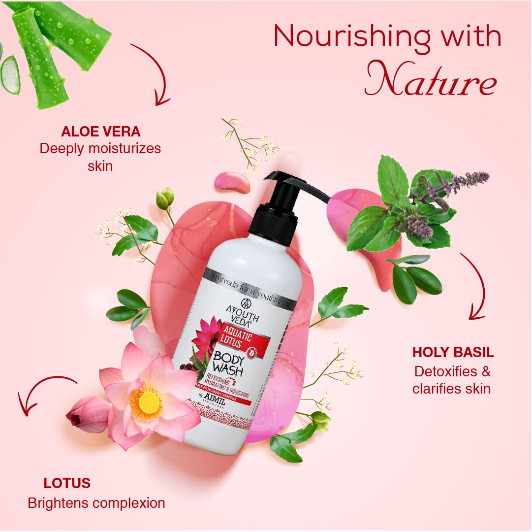 Ayouthveda Aquatic Lotus Body Wash with Rich Blend Of Aloevera, Lotus & Holy Basil |Refreshes, Deep Cleanses & Hydrates the Body | Gentle body wash for Daily use (Pack of 1-300ml)
