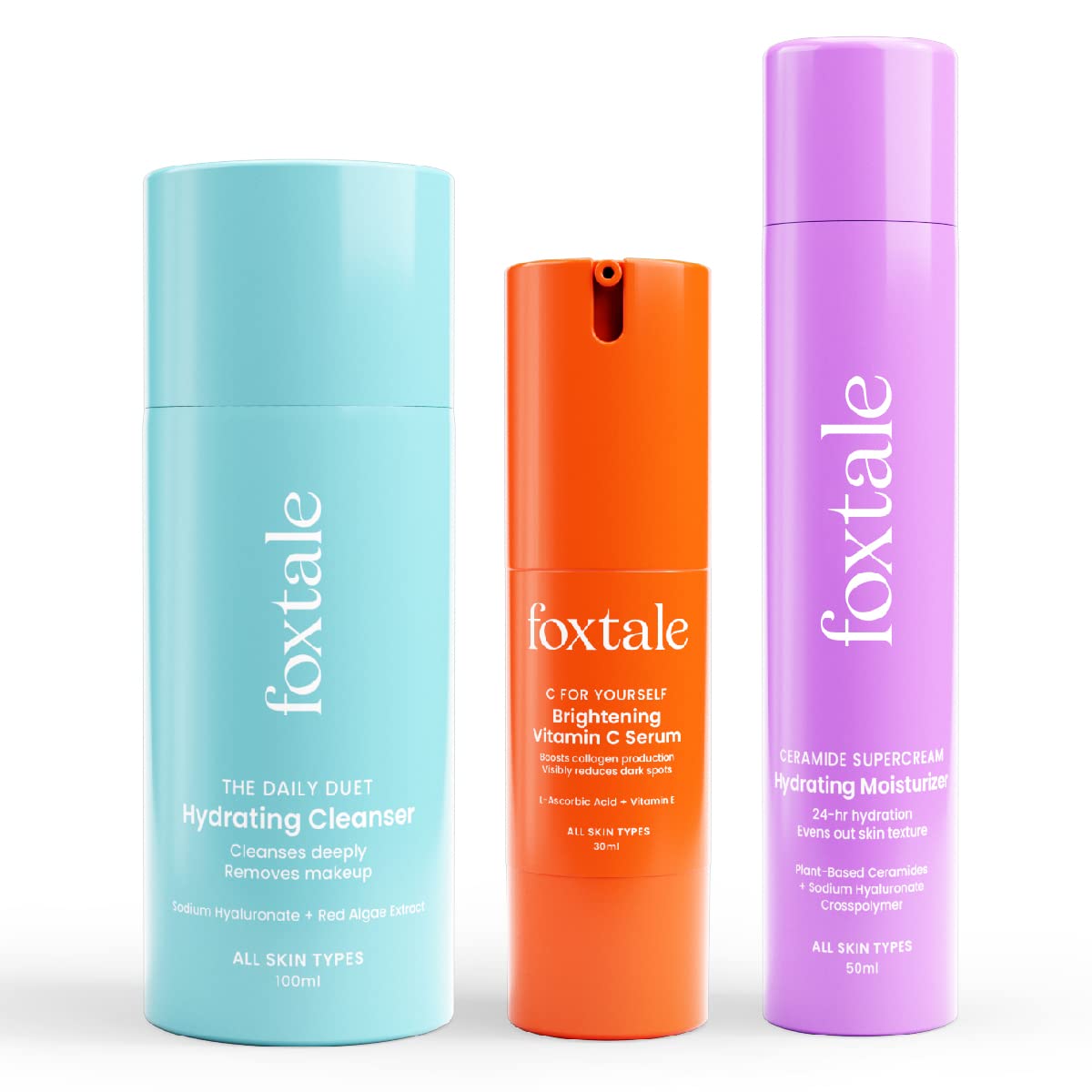 Foxtale Hydraglow Trio Skin Care Kit | Cleanser Face Wash 100ml + Ceramide Moisturizer 50ml + Vitamin C Face Serum 30ml