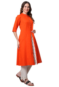 Pistaa's  Women Cotton Printed Cut Regular Kurta Orange M