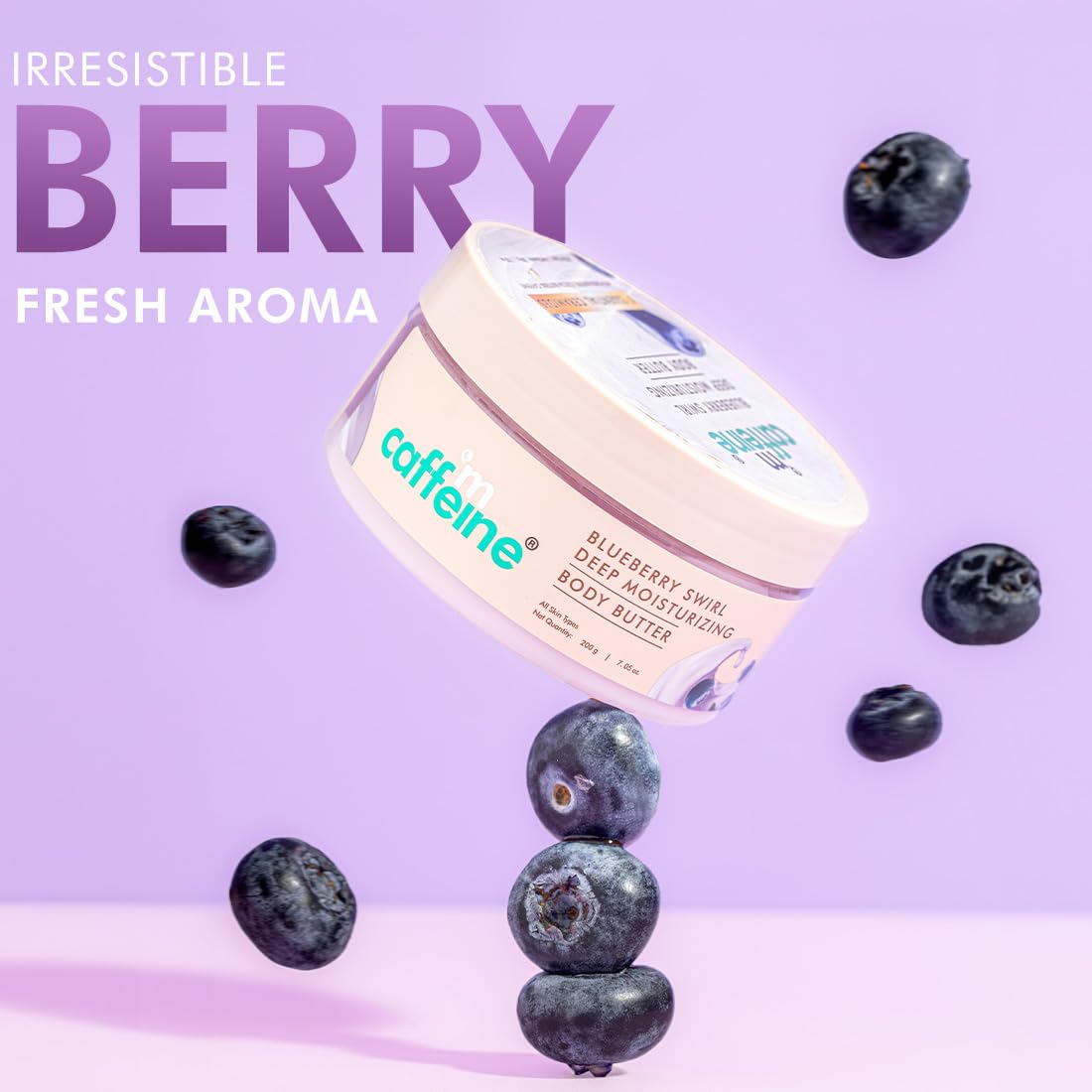 mCaffeine Blueberry Swirl Deep Moisturizing Body Butter | 5 Essential Ceramides for Skin Repair with Shea Butter & Cocoa Butter | 72Hrs Long Lasting Moisturization | Winter Body Care | Fruity Blueberry Aroma | Body Butter for Women and Men - 200g