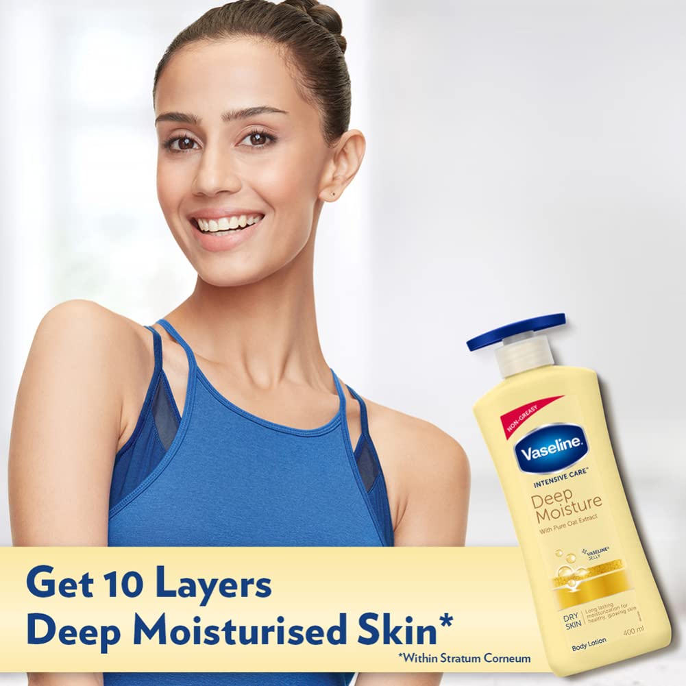 Vaseline Deep Moisture Lotion, 400ml with Vaseline Rosy Lip Tin, 17g for Moisturized Skin & Sheer Pink Tint
