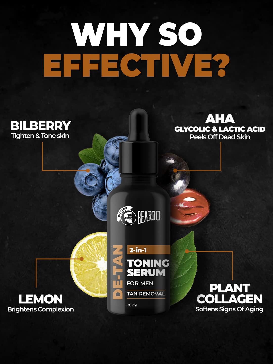 Beardo 2-in-1 Detan Serum + Toner For Men, 30ml | Face Serum For Men | De tan Serum with AHA & Plant Collagen | Brightens Complexion, Removes Dead Skin