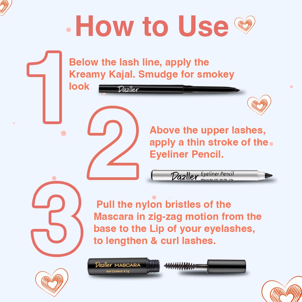 Dazller College Makeup Essentials 3 - All Nighter Trio|Kajal|Mascara|Eyeliner|Water-Resistant|Smudge-proof|Starter Makeup Kit for Women|5.95g