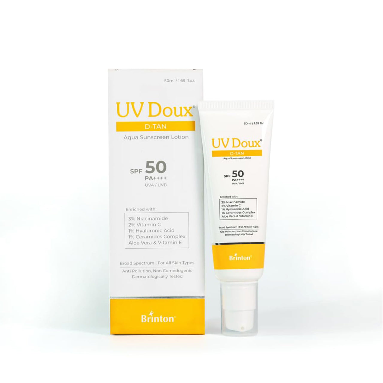 UV Doux D-Tan Aqua Sunscreen Lotion Enriched with Enriched with 3% Niacinamide, 2% Vitamin C, 1% Hyaluronic Acid, 1% Ceramide, Aloe Vera & Vitamin E | SPF 50 PA++++ Broad Spectrum, 50 ml