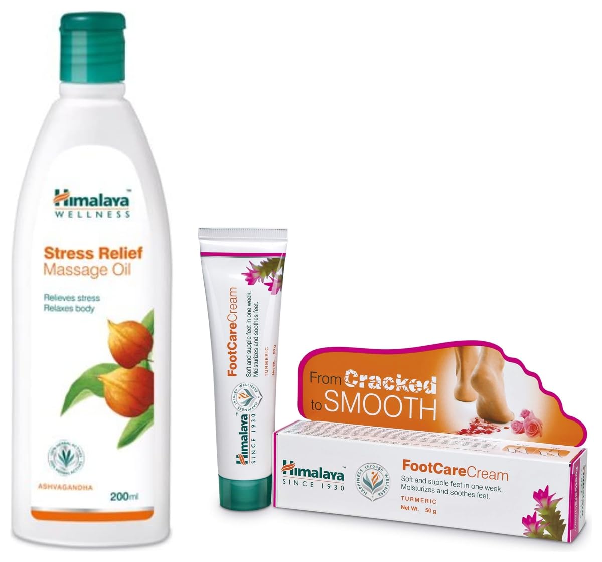 Himalaya Stress Relief Massage Oil - 200ml & Himalaya Wellness Foot Care Cream, 50gm | Moisturizes and Soothes Feet COMBO