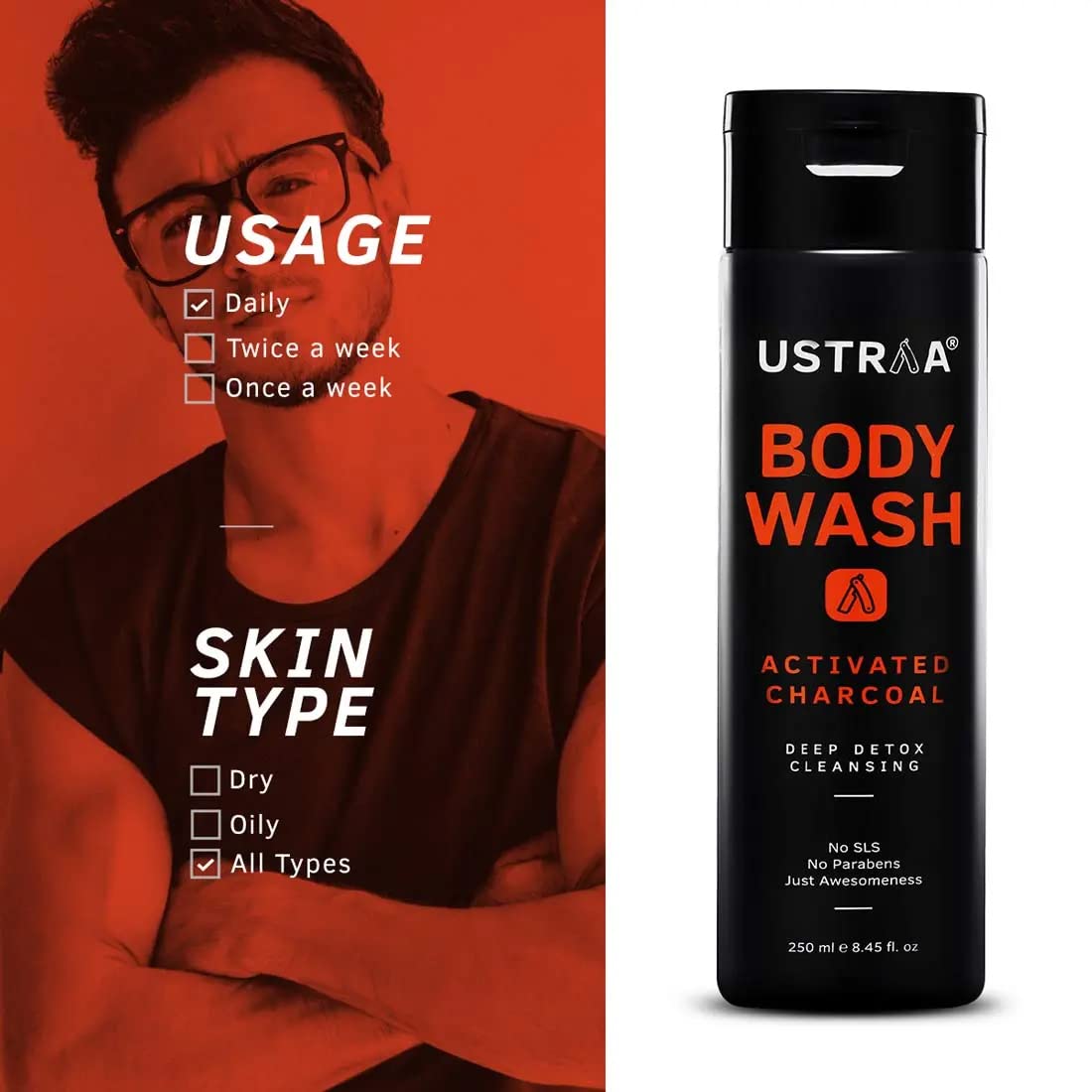 Ustraa Body Wash- Activated Charcoal 250 ml set of 2 - Deep Skin Detox with Activated Charcoal, Moisturization of Aloe Vera, Cleansing & Intense Foaming without Sulphates