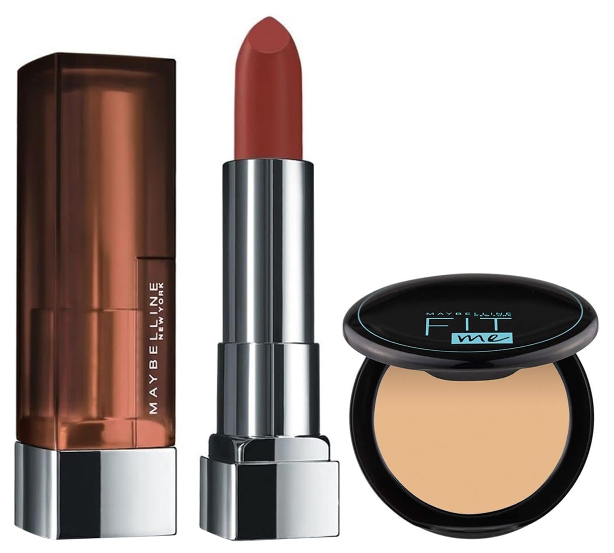 Maybelline New York Matte Lipstick, Intense Colour, 676 East Village Rose, 3.9g & Maybelline New York Oli Control Powder, With SPF to Protect Skin from Sun, Absorbs Oil, Fit Me, 128 Warm Nude, 6g