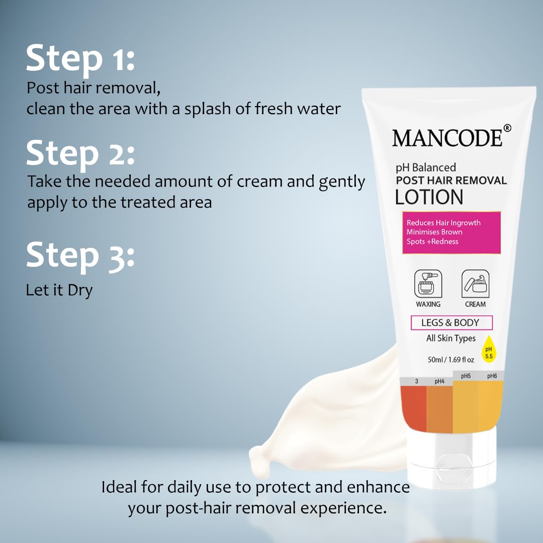 Mancode PH Balanced Post Hair Removal Lotion for Women & Men - 50ml | Reduces Ingrown Hairs, Minimises Brown Spots & Redness | Ideal After Waxing & Hair Removal Cream | Suitable for All Skin Types