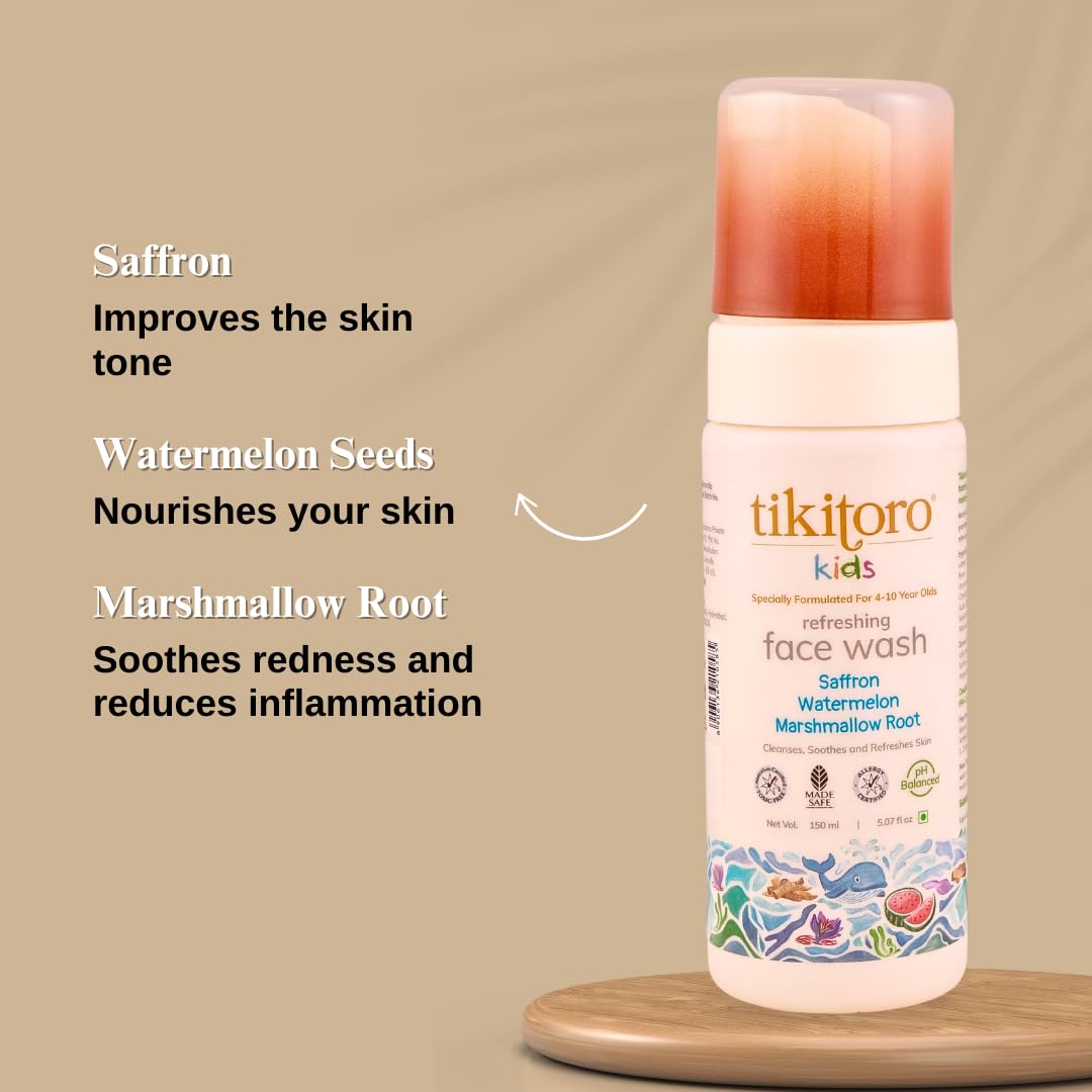 Tikitoro Kids Refreshing face wash| Pediatrician Approved | 100% Vegan with Saffron, Watermelon and Marshmallow Root | Cleanses, Purifies & Moisturises Skin | No Parabens & Sulphates (150 ml x 2)